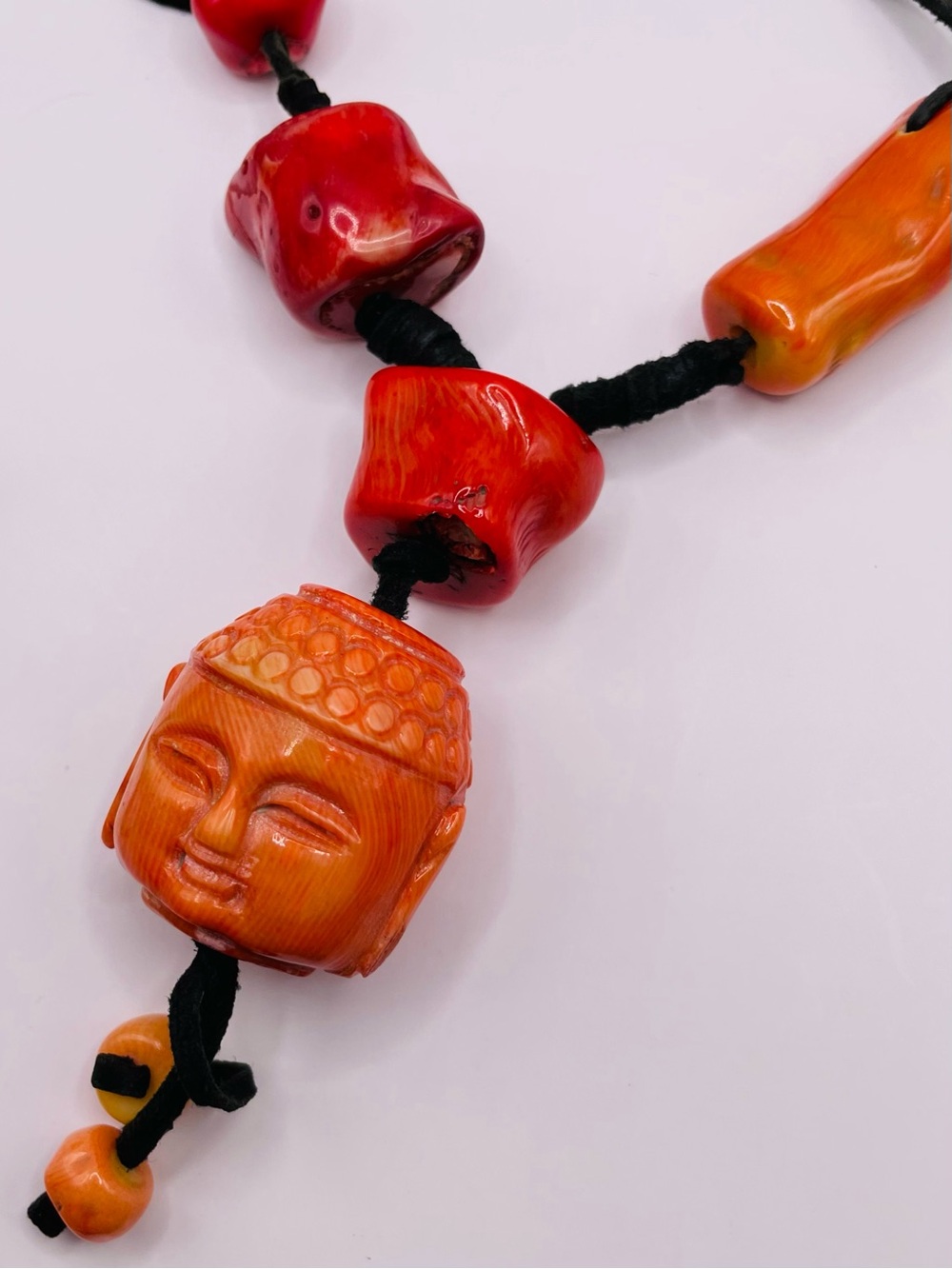 Vintage Momo Coral & Natural Saga Seed Necklace - Hand-Carved Buddha Pendant